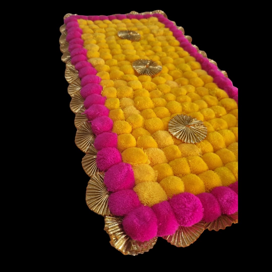 Yellow With Pink Designer Pom Pom Mat 11x21 (in Inch)