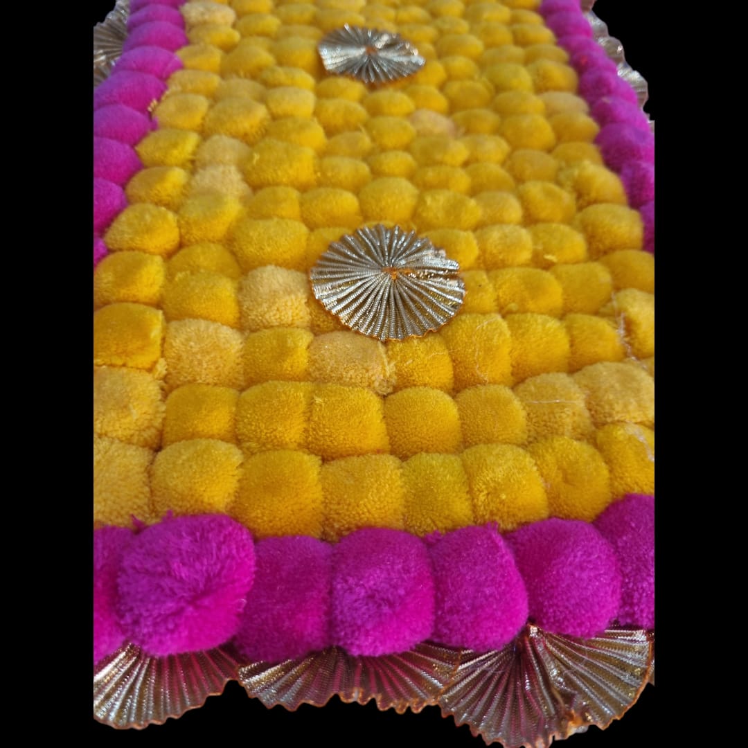 Yellow With Pink Designer Pom Pom Mat 11x21 (in Inch)