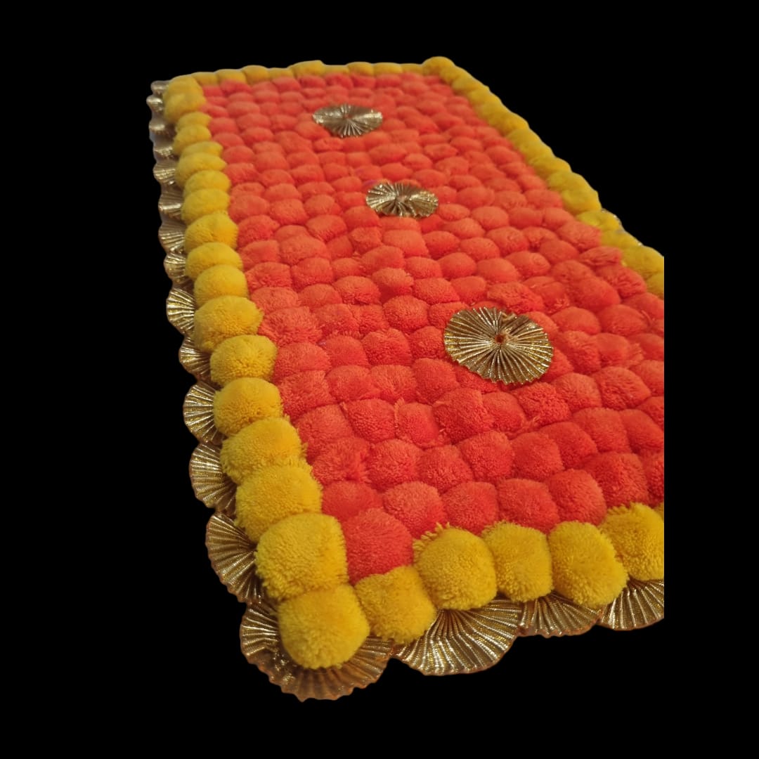 Orange With Yellow Designer Pom Pom Mat 11x21 (in Inch)