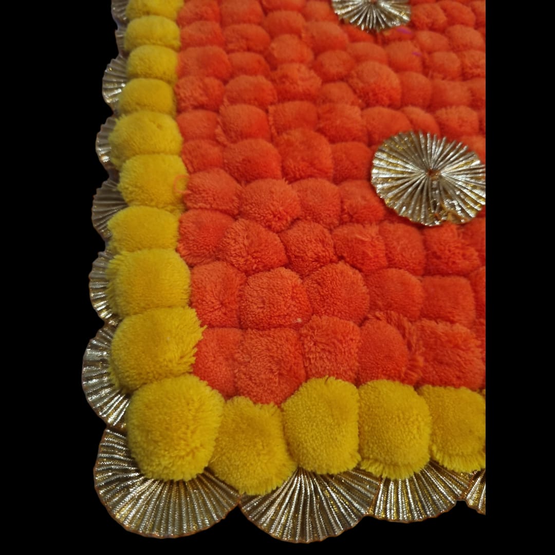 Orange With Yellow Designer Pom Pom Mat 11x21 (in Inch)