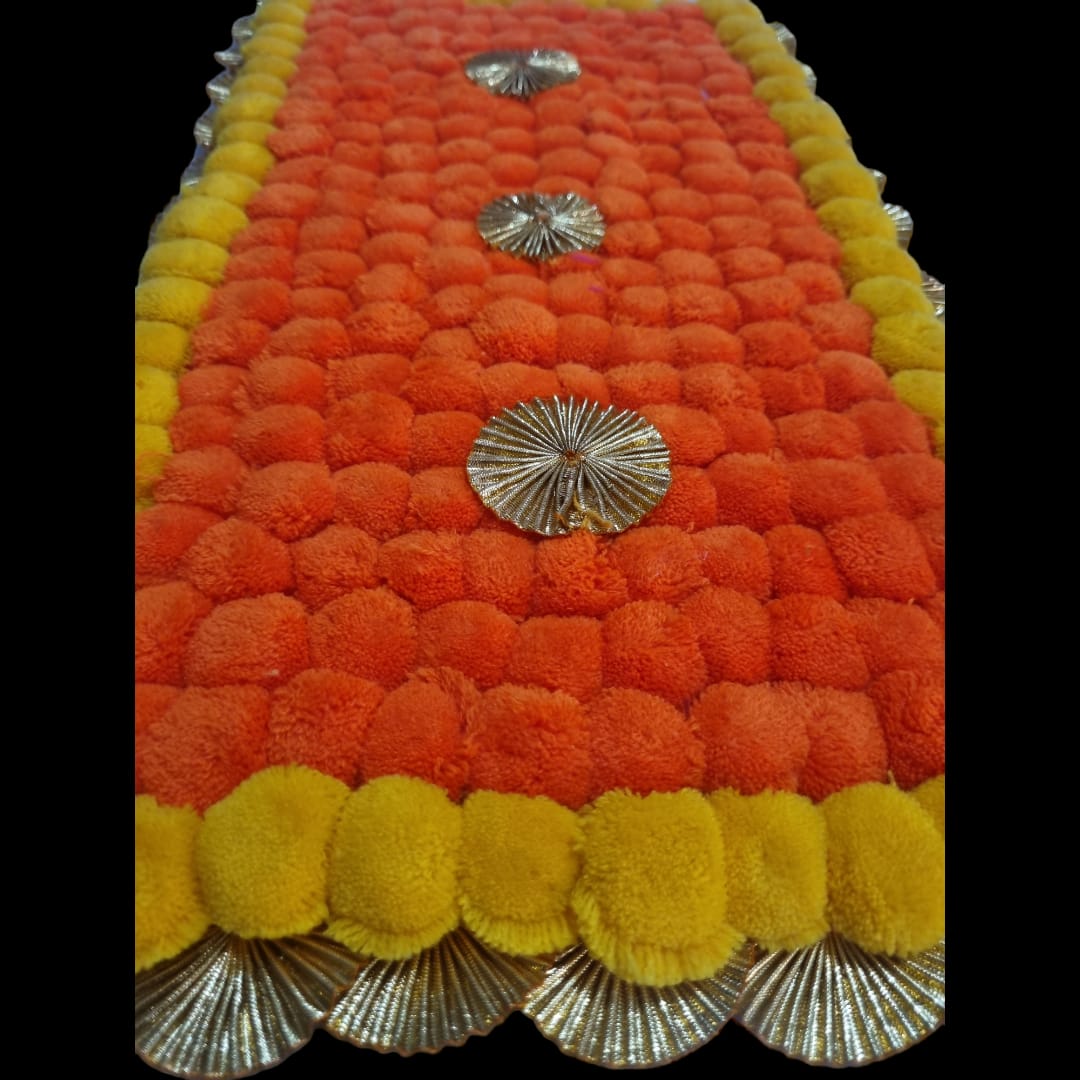 Orange With Yellow Designer Pom Pom Mat 11x21 (in Inch)