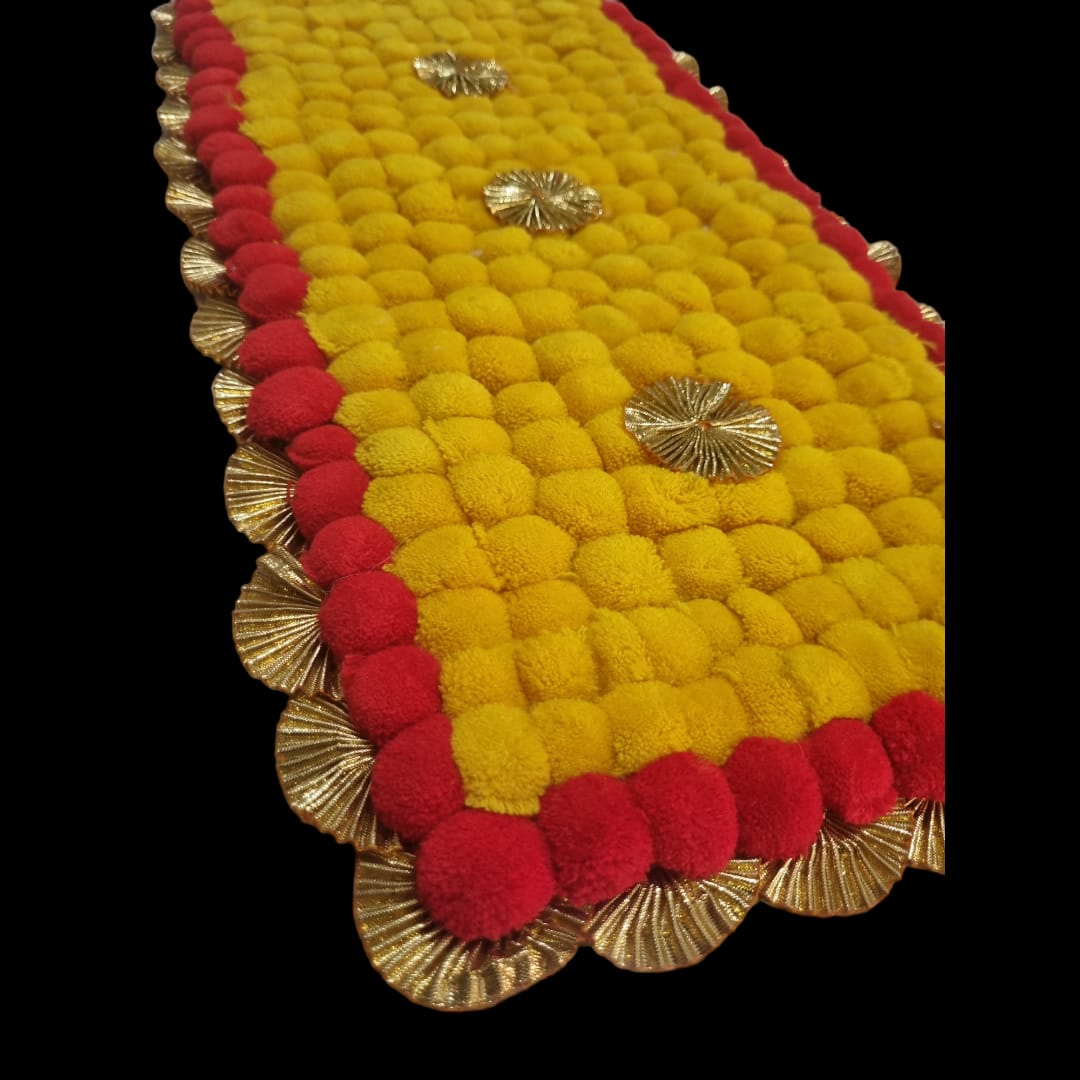 Yellow With Red Designer Pom Pom Mat 11x21 (in Inch)