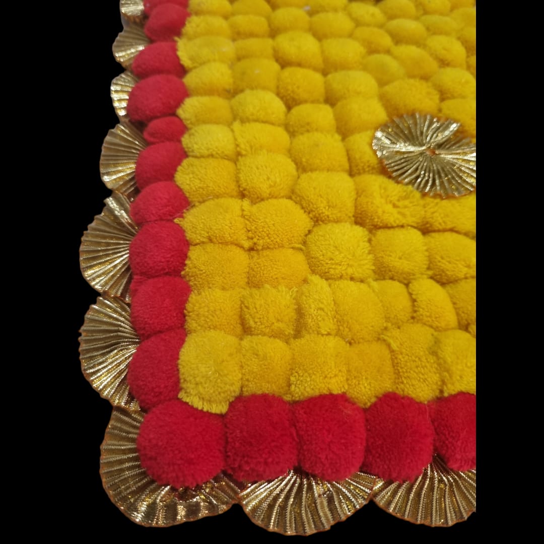 Yellow With Red Designer Pom Pom Mat 11x21 (in Inch)