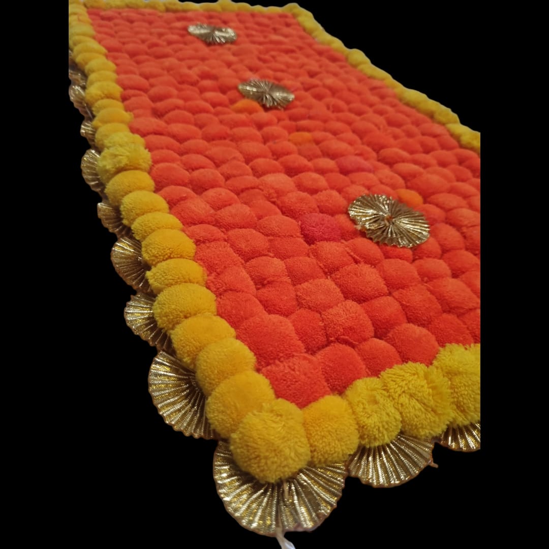 Orange With Yellow Designer Pom Pom Mat 13x23 (in Inch)