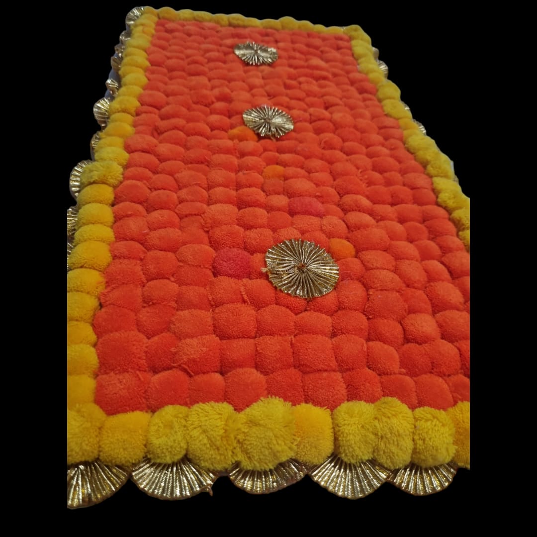 Orange With Yellow Designer Pom Pom Mat 13x23 (in Inch)