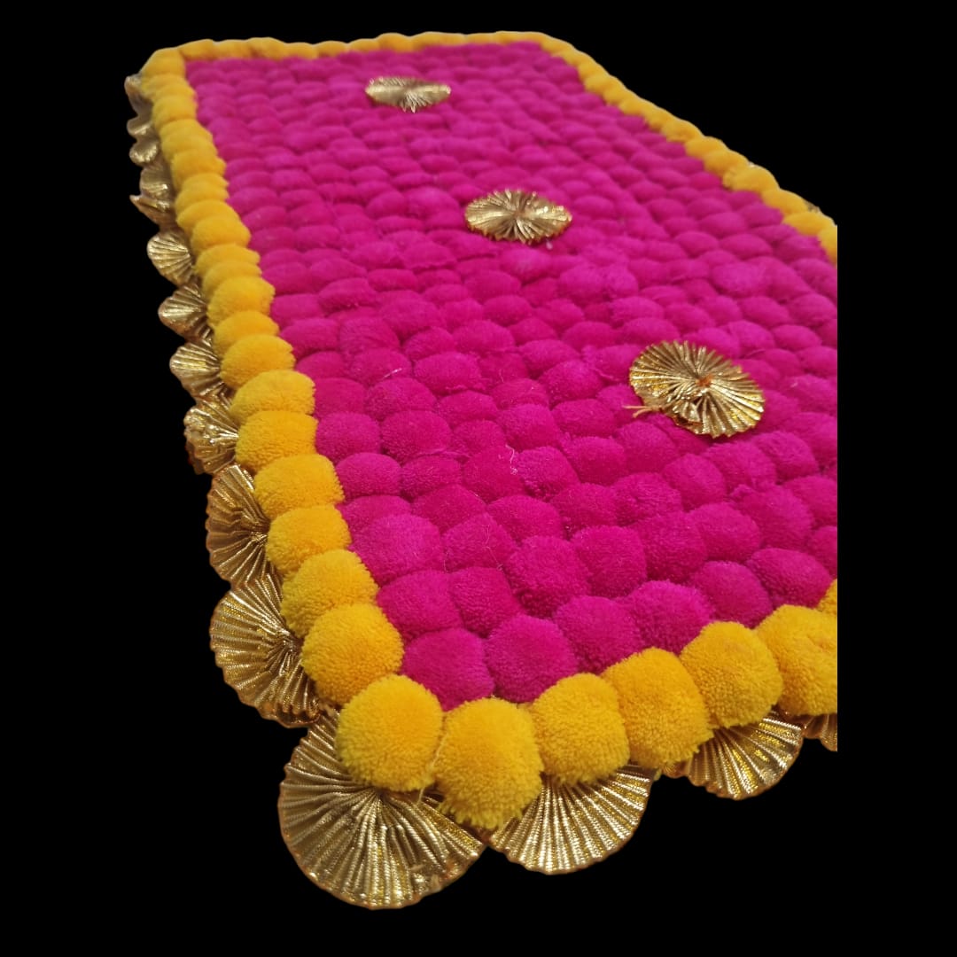 Dark Pink With Yellow Designer Pom Pom Mat 13x23 (in Inch)