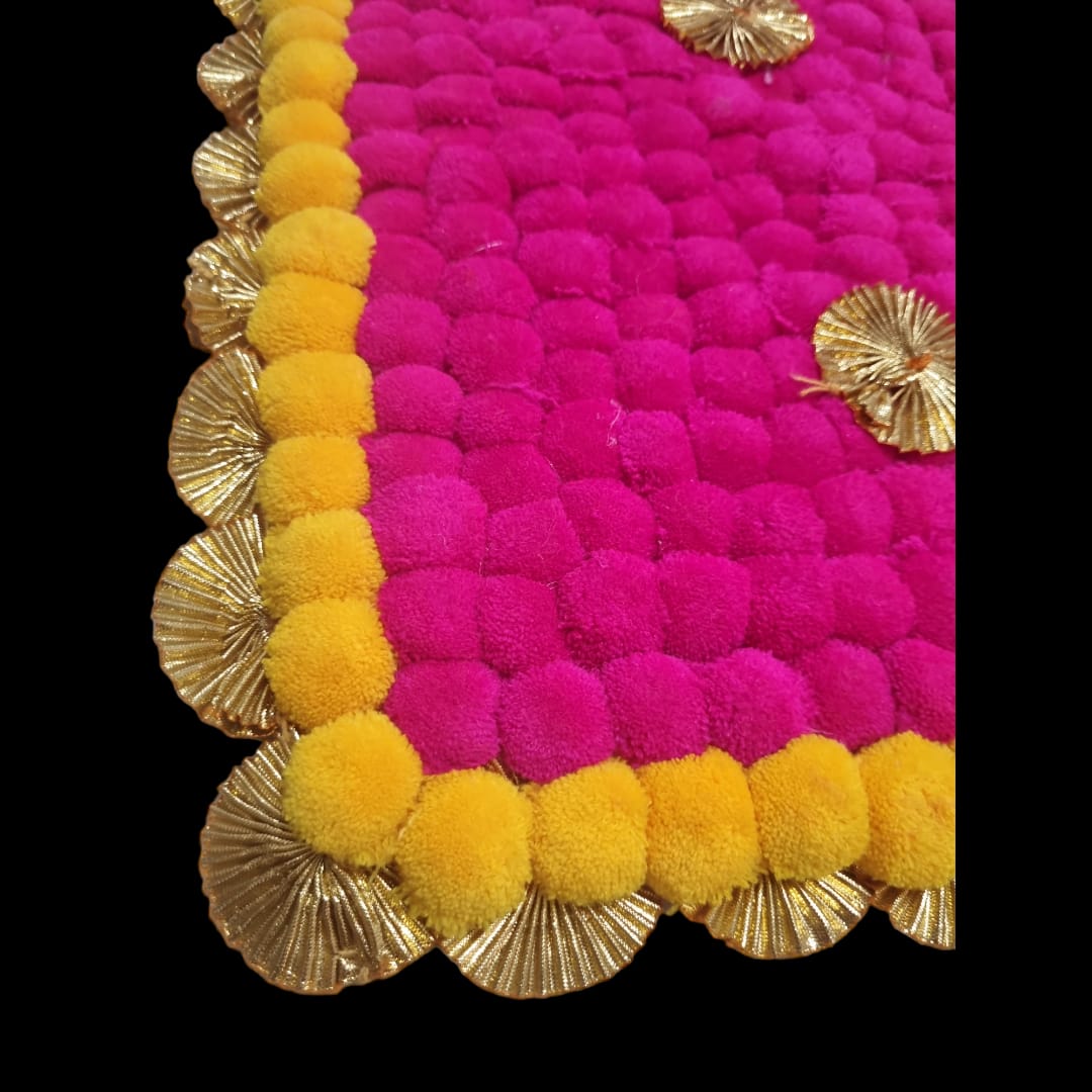 Dark Pink With Yellow Designer Pom Pom Mat 13x23 (in Inch)