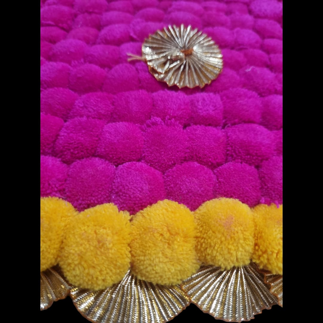 Dark Pink With Yellow Designer Pom Pom Mat 13x23 (in Inch)