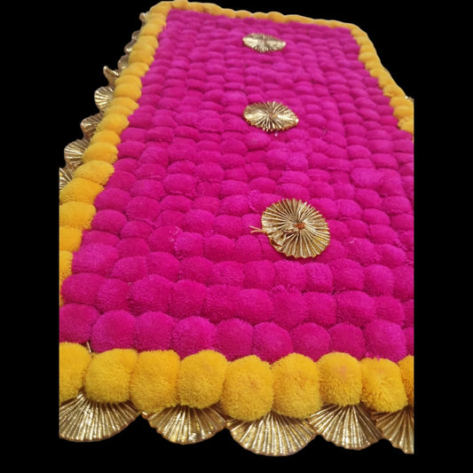 Dark Pink With Yellow Designer Pom Pom Mat 13x23 (in Inch)