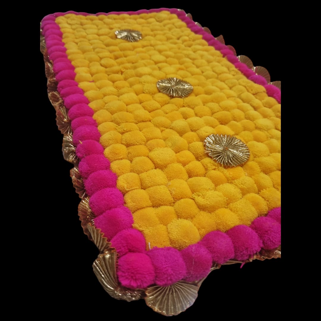 Yellow With Dark Pink Designer Pom Pom Mat 13x23 (in Inch)