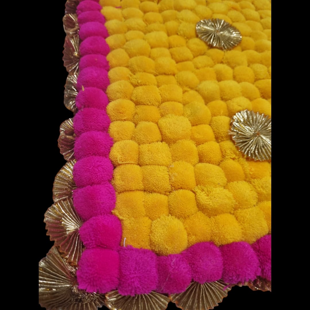 Yellow With Dark Pink Designer Pom Pom Mat 13x23 (in Inch)