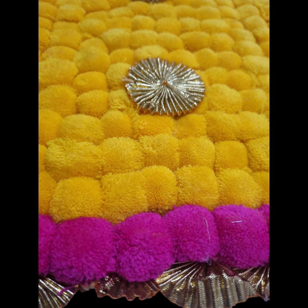 Yellow With Dark Pink Designer Pom Pom Mat 13x23 (in Inch)