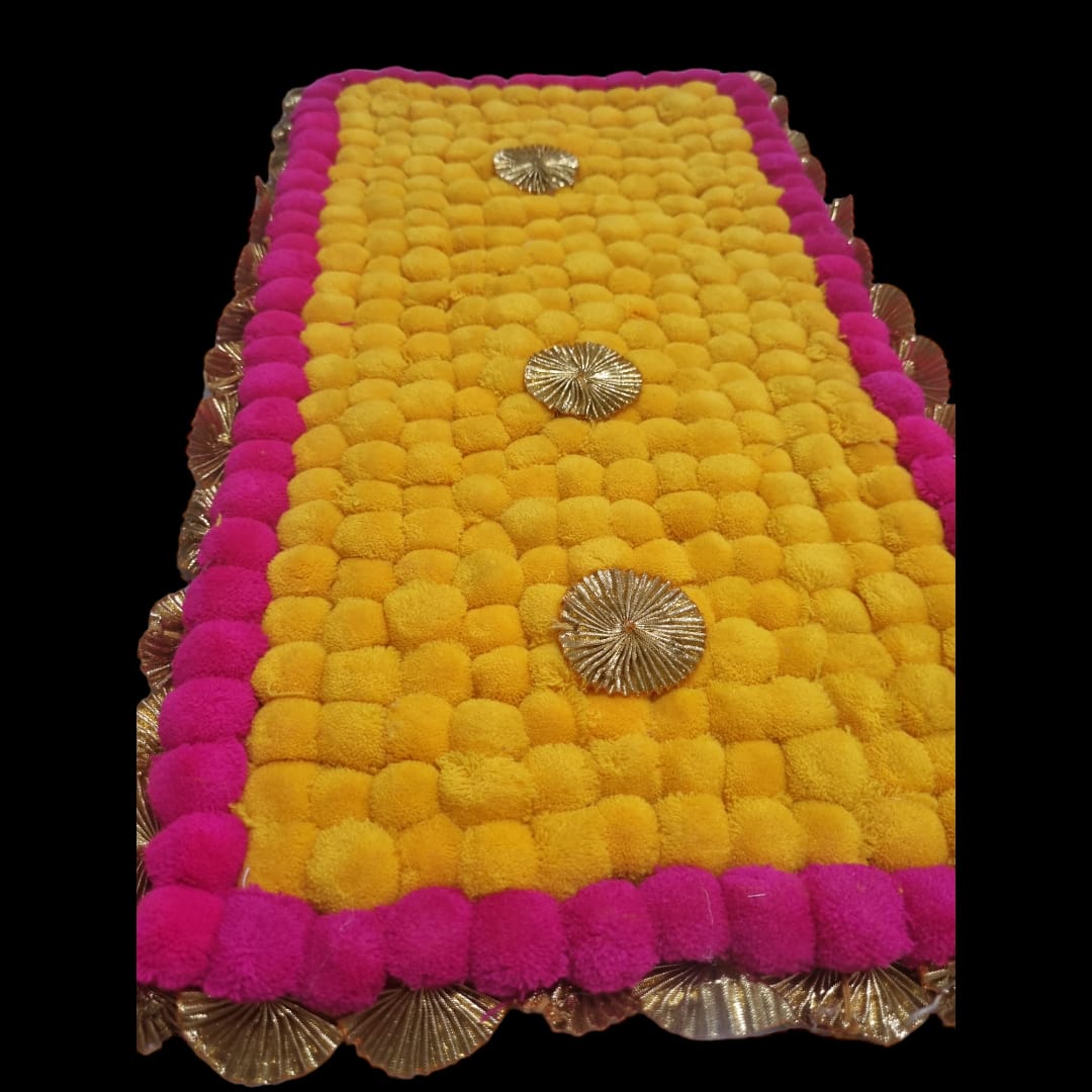 Yellow With Dark Pink Designer Pom Pom Mat 13x23 (in Inch)