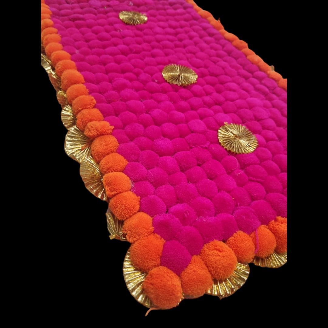 Dark Pink With Orange Designer Pom Pom Mat 14x24 (in Inch)