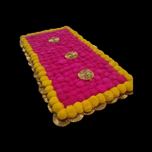 Dark Pink With Yellow Designer Pom Pom Mat 11x21 (in Inch)