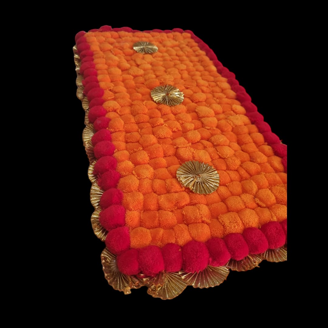 Orange With Red Designer Pom Pom Mat 11x21 (in Inch)