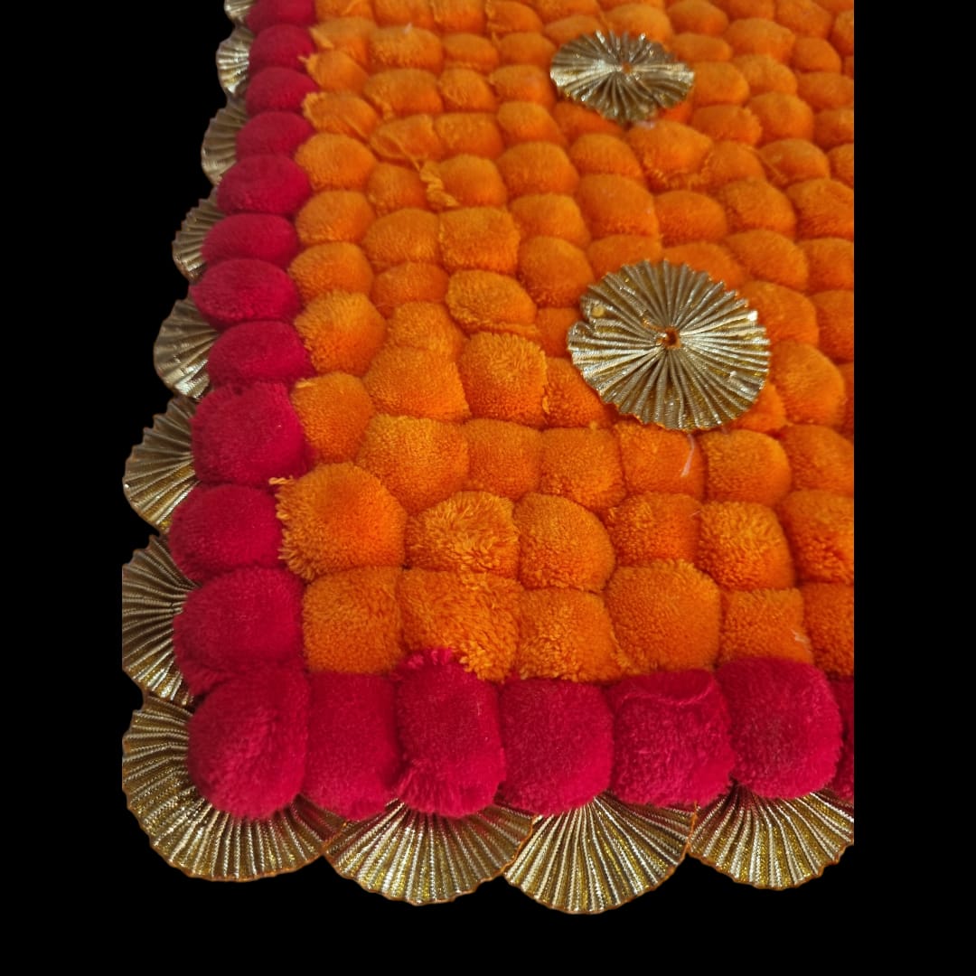 Orange With Red Designer Pom Pom Mat 11x21 (in Inch)