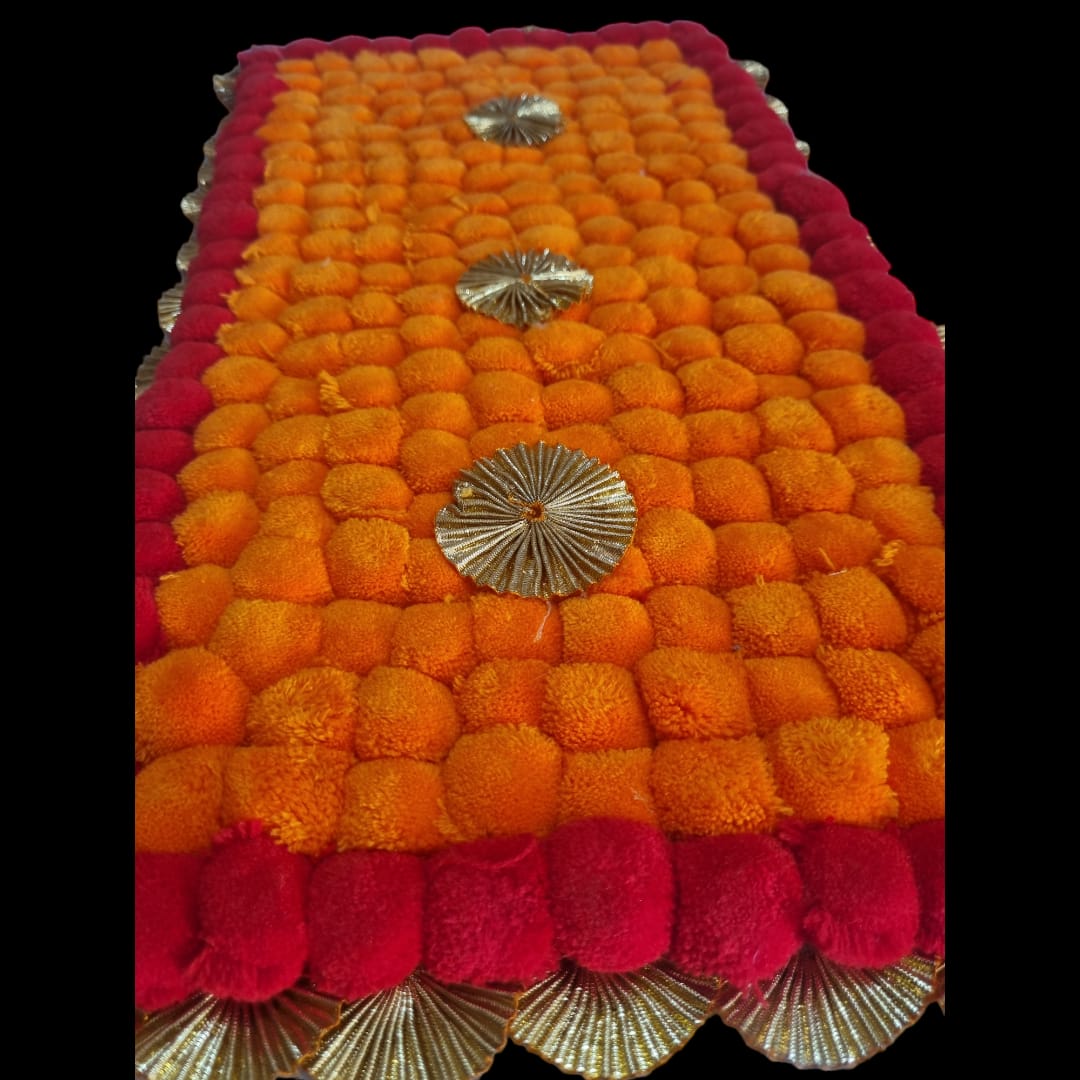 Orange With Red Designer Pom Pom Mat 11x21 (in Inch)