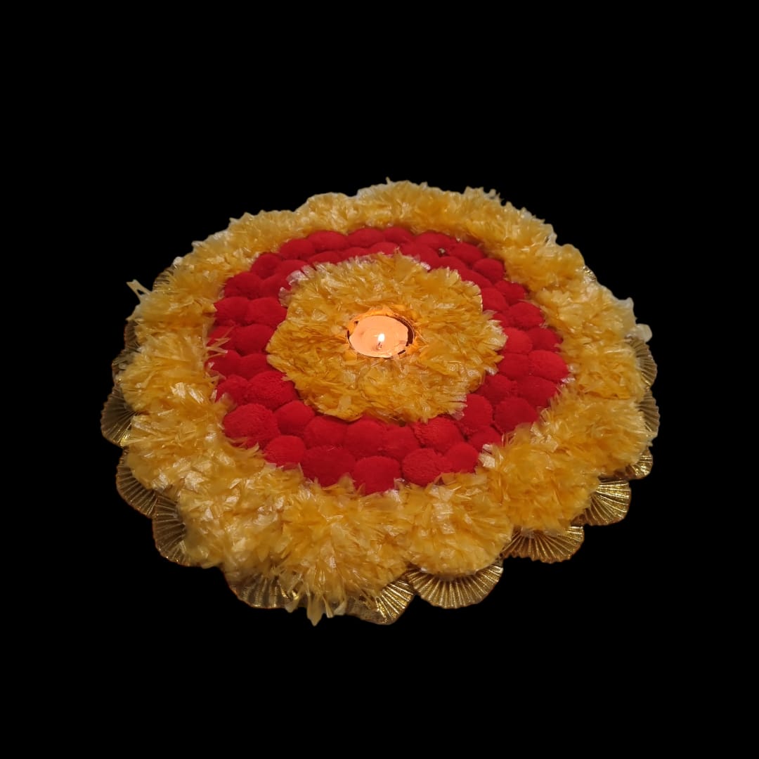 Orange And Red Marigold and PomPom Round Circle Tealight