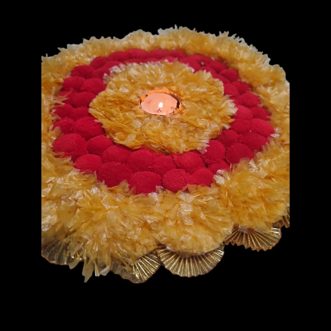 Orange And Red Marigold and PomPom Round Circle Tealight