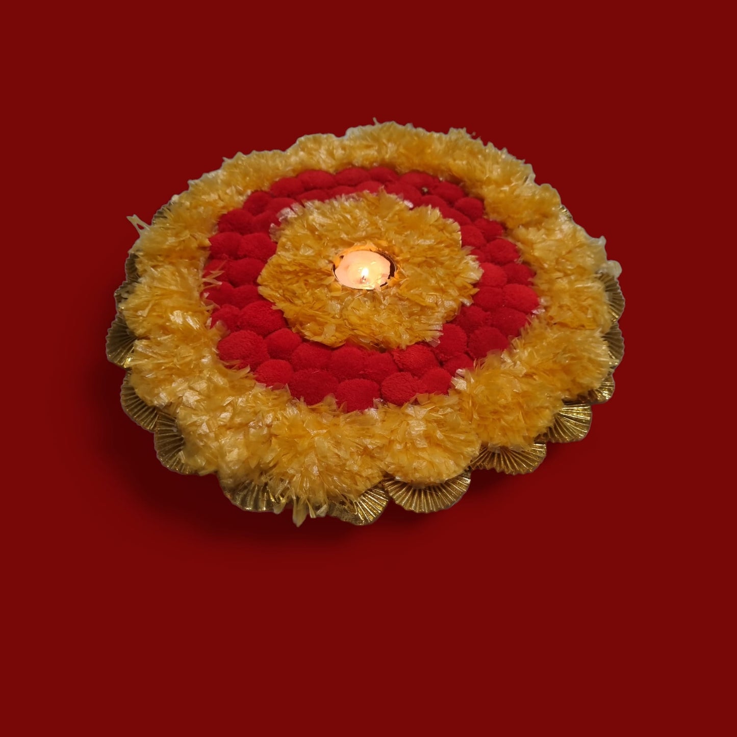 Orange And Red Marigold and PomPom Round Circle Tealight