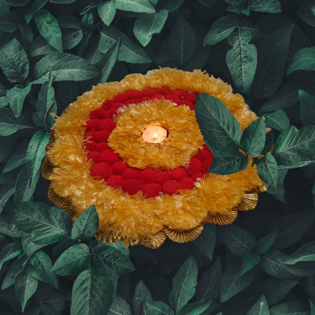 Orange And Red Marigold and PomPom Round Circle Tealight