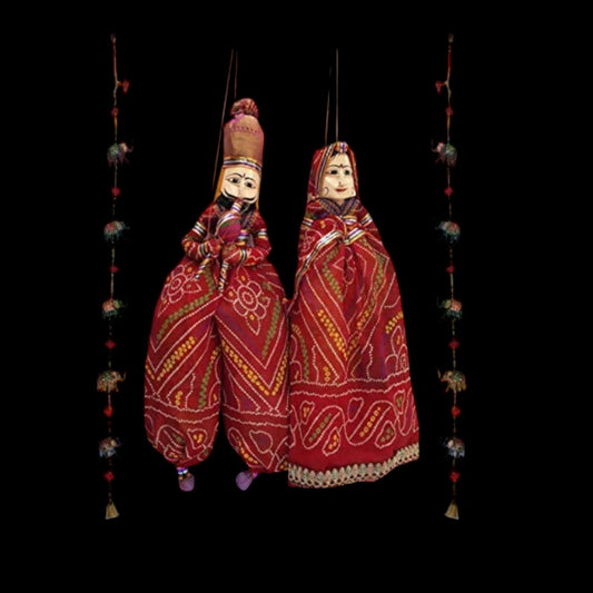 Rajasthani Handmade Colorful Fabric Wooden Face String,Kathputli/Puppet Pair