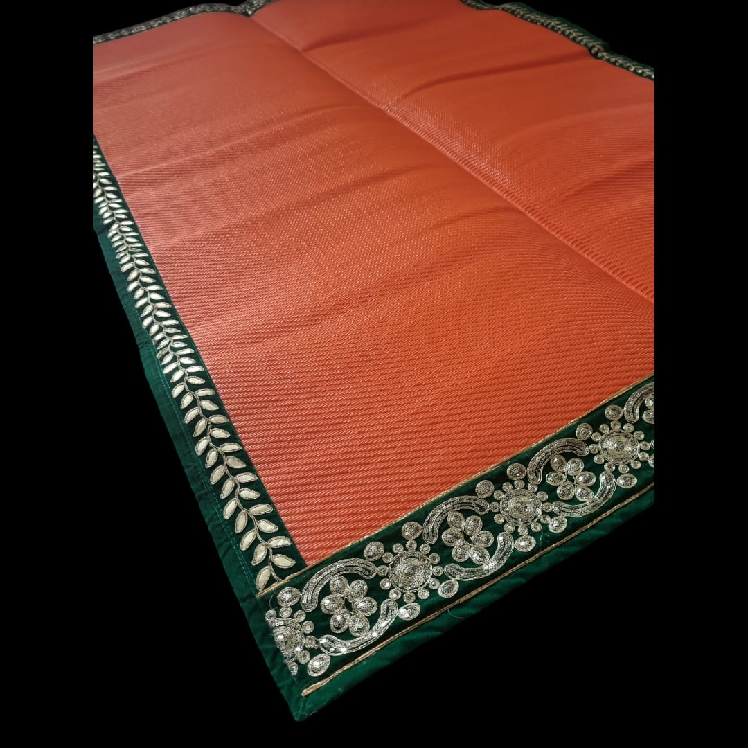 Orange Nylon Handmade Chatai/Mat with Green & Golden sequins work on the Trim/Lace 72x48 (in inch)