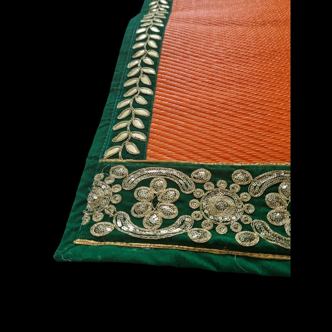 Orange Nylon Handmade Chatai/Mat with Green & Golden sequins work on the Trim/Lace 72x48 (in inch)