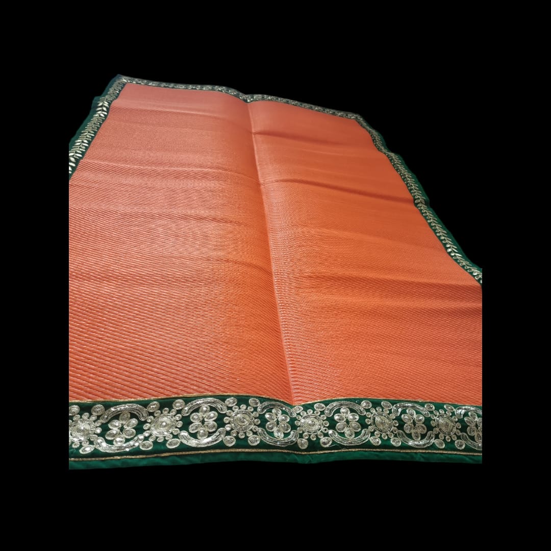 Orange Nylon Handmade Chatai/Mat with Green & Golden sequins work on the Trim/Lace 72x48 (in inch)