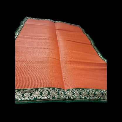 Orange Nylon Handmade Chatai/Mat with Green & Golden sequins work on the Trim/Lace 72x48 (in inch)