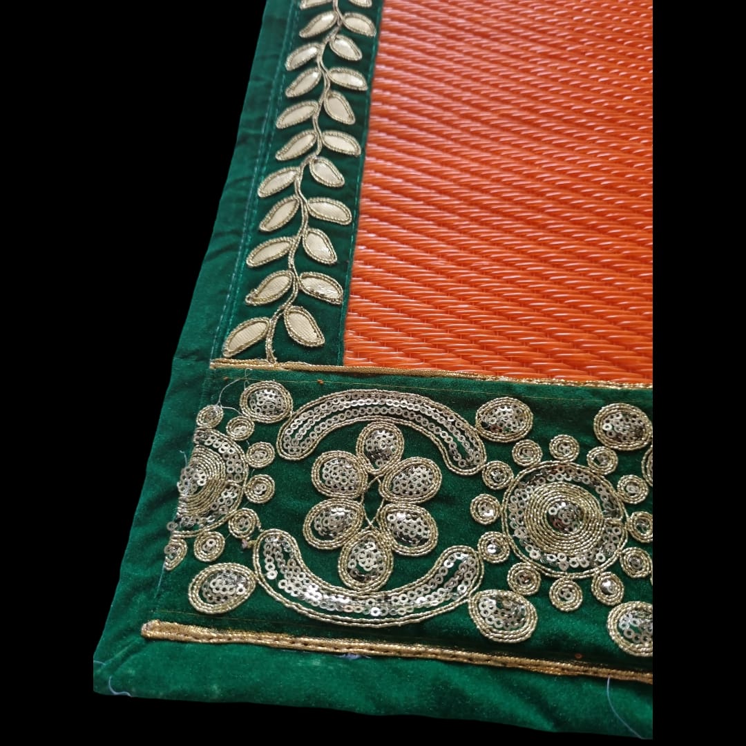 Orange Nylon Handmade Chatai/Mat with Green & Golden sequins work on the Trim/Lace 72x48 (in inch)