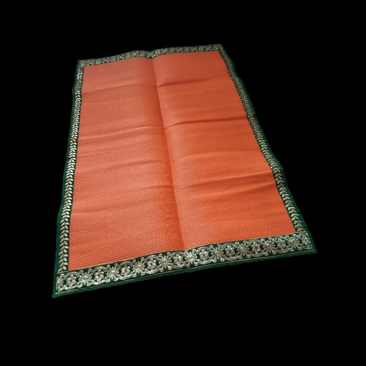 Orange Nylon Handmade Chatai/Mat with Green & Golden sequins work on the Trim/Lace 72x48 (in inch)