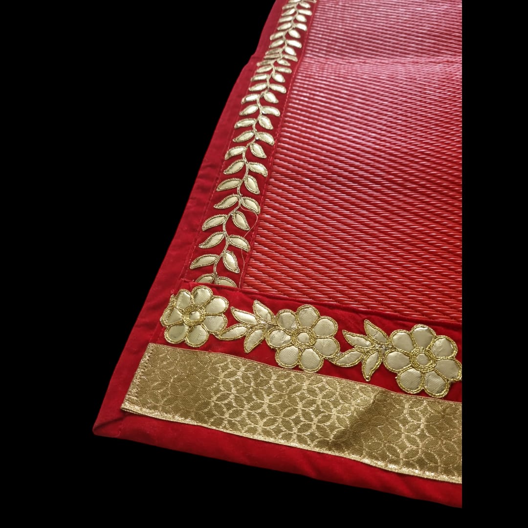 Red Nylon Handmade Chatai/Mat with Red & Golden sequins work on the Trim/Lace 72x48 (in inch)