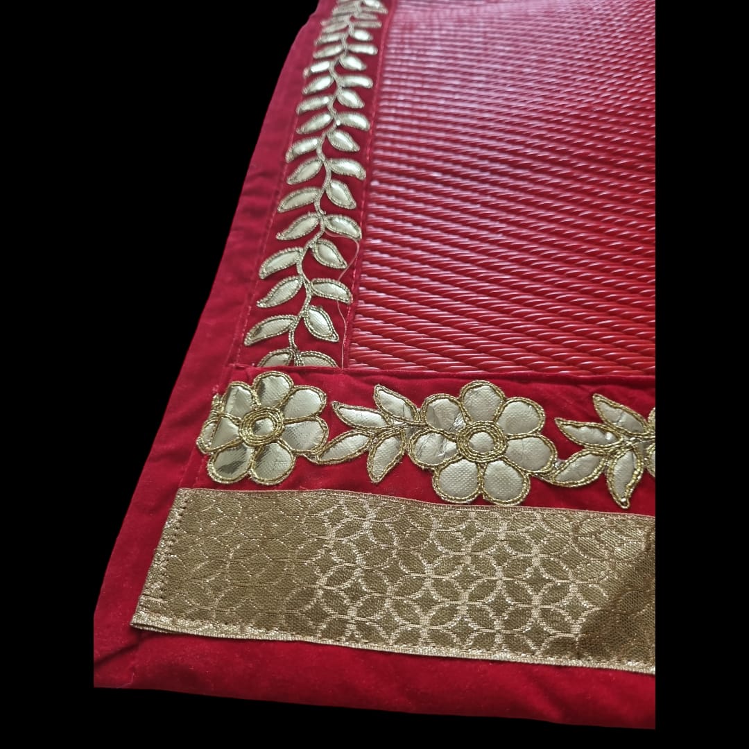 Red Nylon Handmade Chatai/Mat with Red & Golden sequins work on the Trim/Lace 72x48 (in inch)