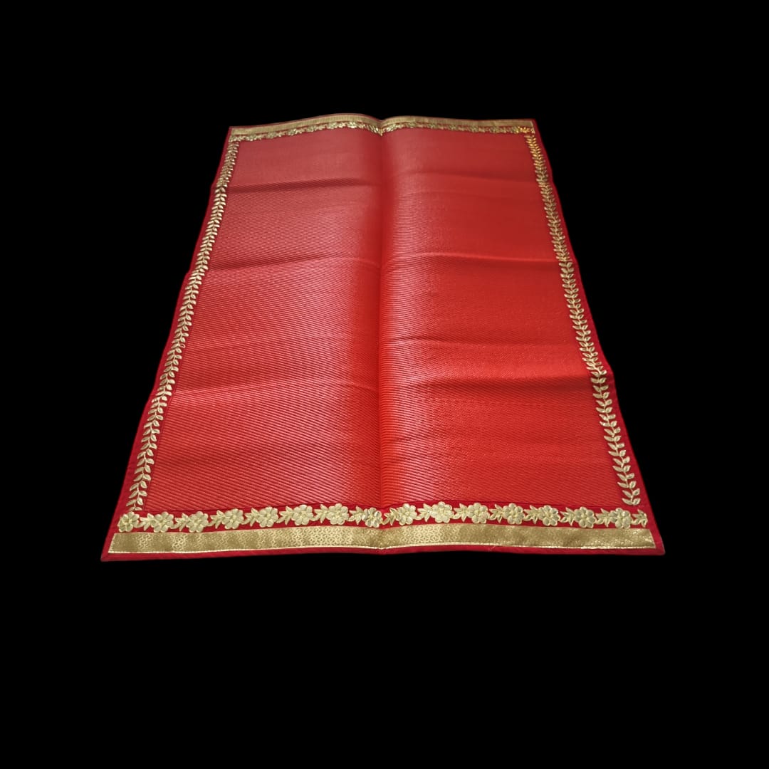 Red Nylon Handmade Chatai/Mat with Red & Golden sequins work on the Trim/Lace 72x48 (in inch)