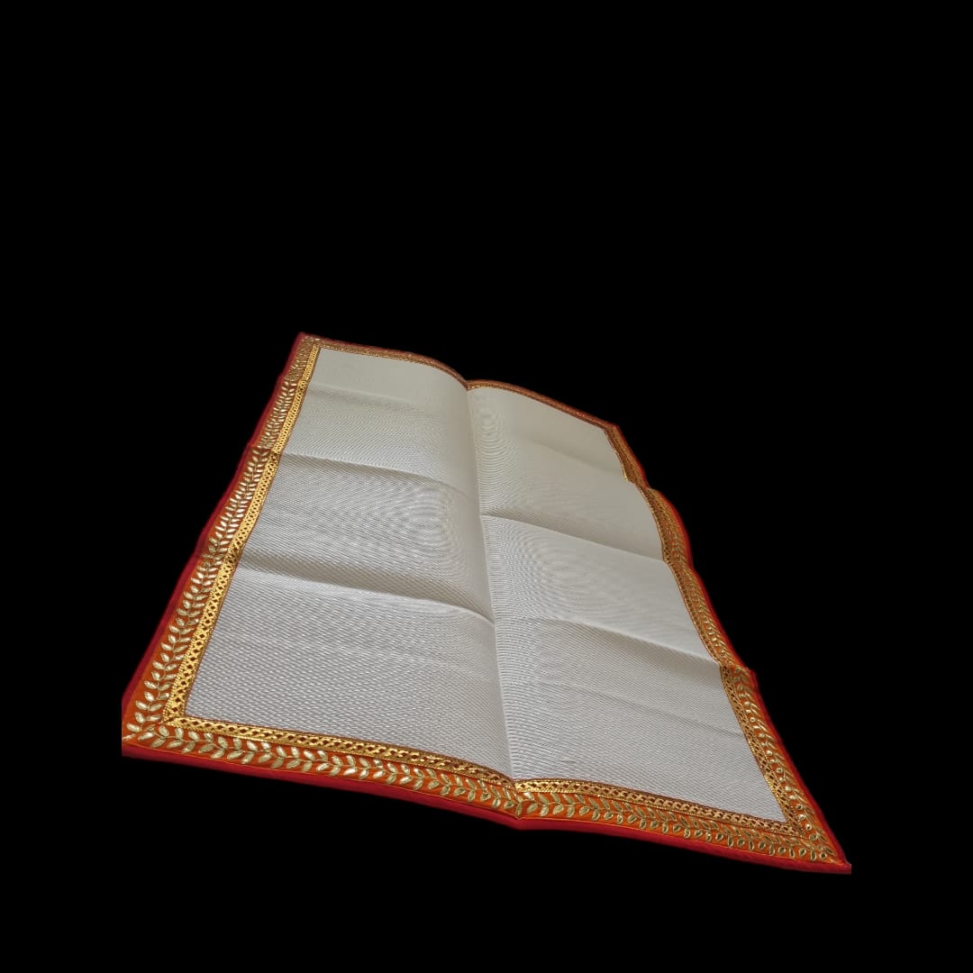 White Nylon Handmade Chatai/Mat with Red, Orange & Golden sequins work on the Trim/Lace 72x48 (in inch)