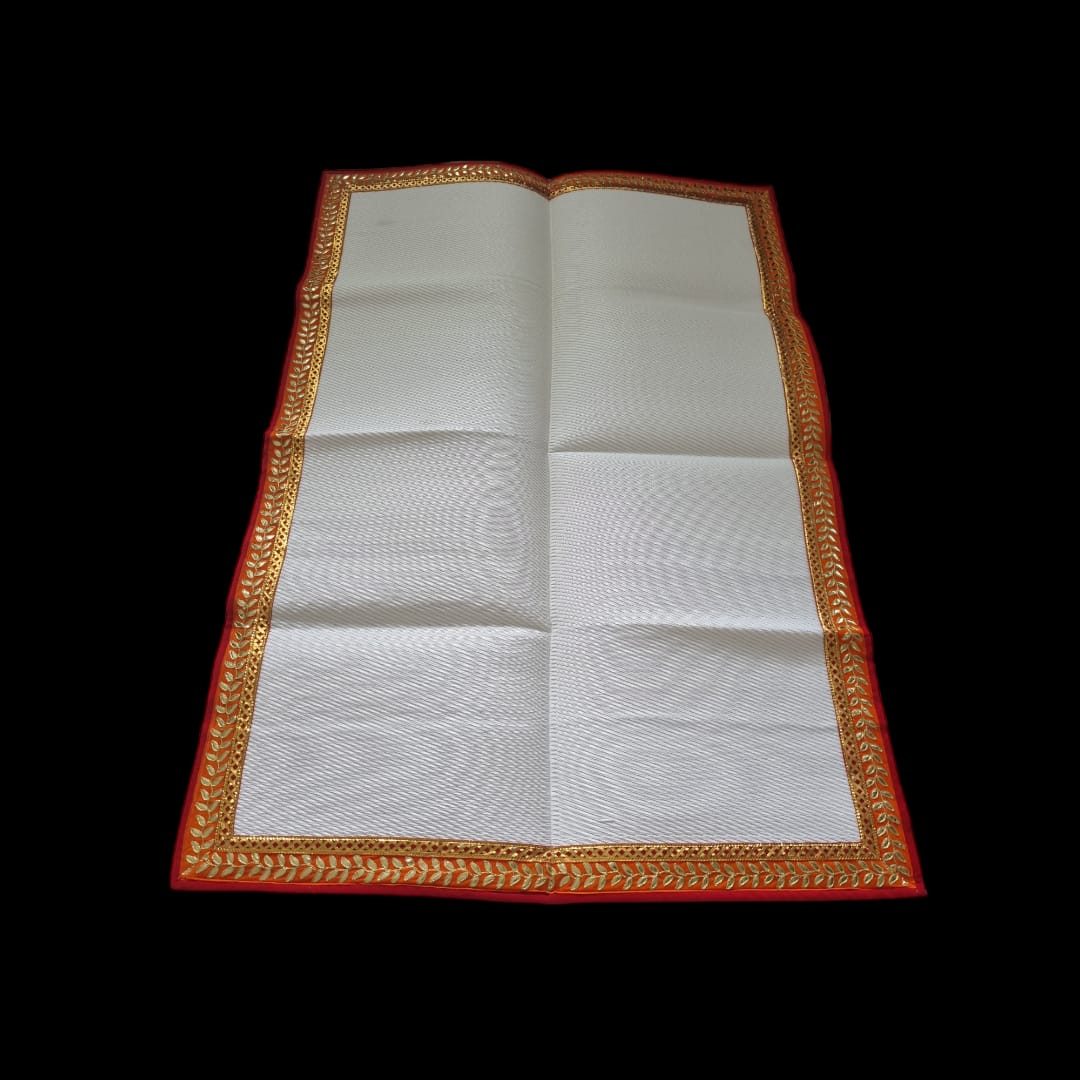 White Nylon Handmade Chatai/Mat with Red, Orange & Golden sequins work on the Trim/Lace 72x48 (in inch)