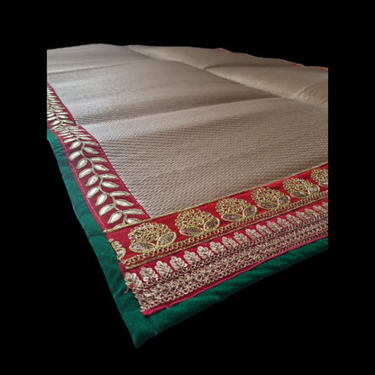 Golden Nylon Handmade Chatai/Mat with Green, Red & Golden sequins work on the Trim/Lace 72x48 (in inch)