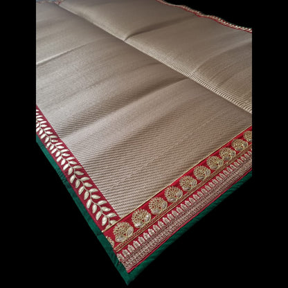 Golden Nylon Handmade Chatai/Mat with Green, Red & Golden sequins work on the Trim/Lace 72x48 (in inch)