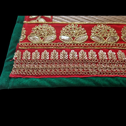 Golden Nylon Handmade Chatai/Mat with Green, Red & Golden sequins work on the Trim/Lace 72x48 (in inch)