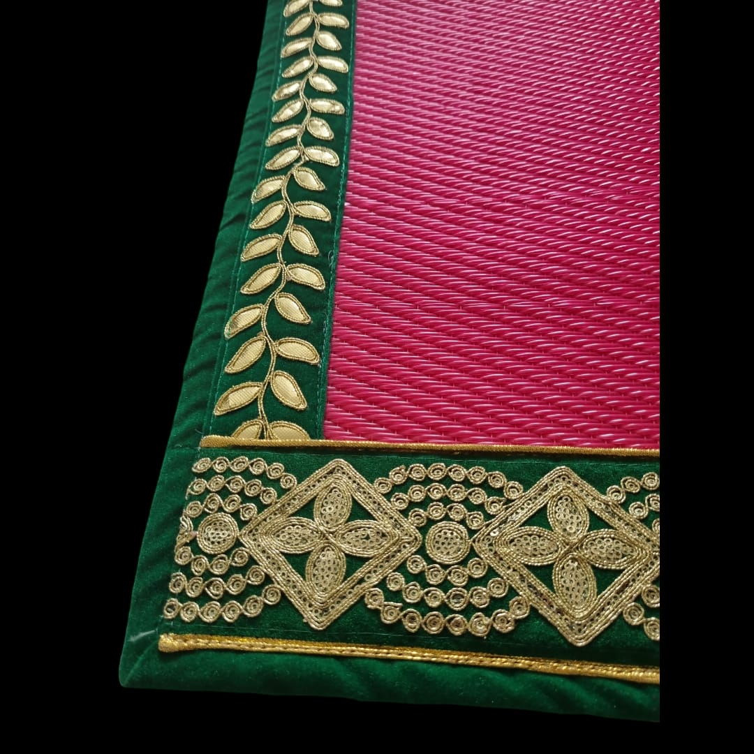 Dark Pink Nylon HandmadeMat with Green & Golden sequins work on the Trim/Lace 72x48 (in inch)