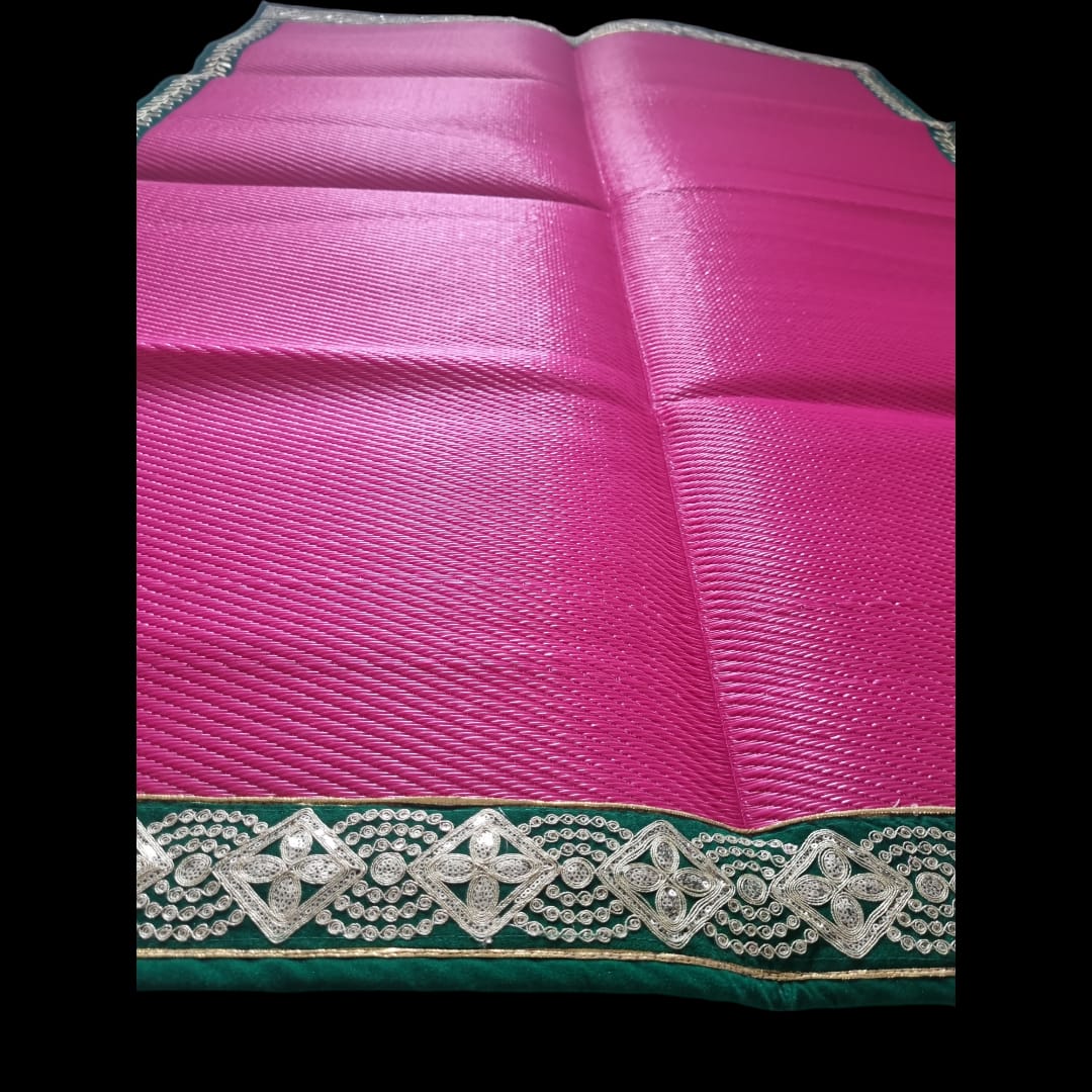 Dark Pink Nylon HandmadeMat with Green & Golden sequins work on the Trim/Lace 72x48 (in inch)