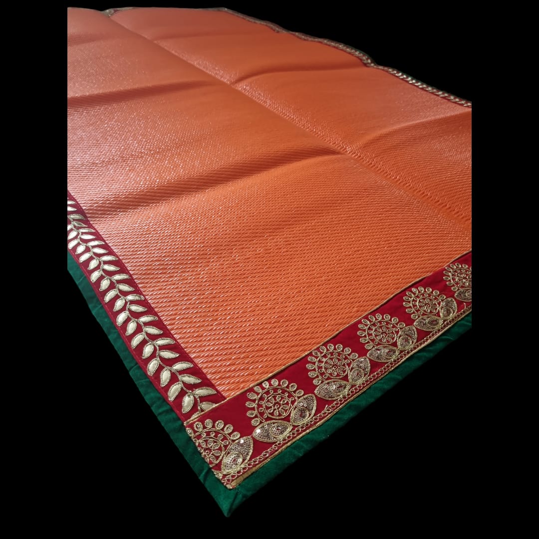 Orange Nylon Handmade Chatai/Mat with Green, Red & Golden sequins work on the Trim/Lace 72x48 (in inch)