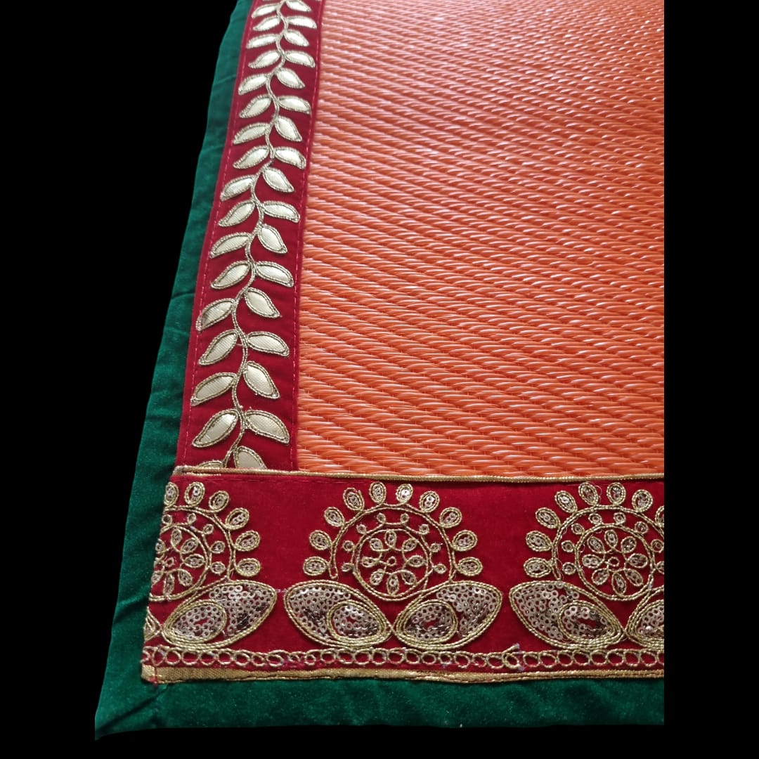 Orange Nylon Handmade Chatai/Mat with Green, Red & Golden sequins work on the Trim/Lace 72x48 (in inch)