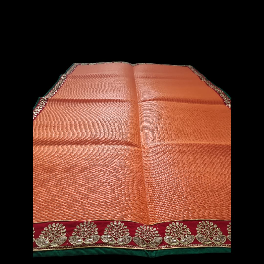 Orange Nylon Handmade Chatai/Mat with Green, Red & Golden sequins work on the Trim/Lace 72x48 (in inch)