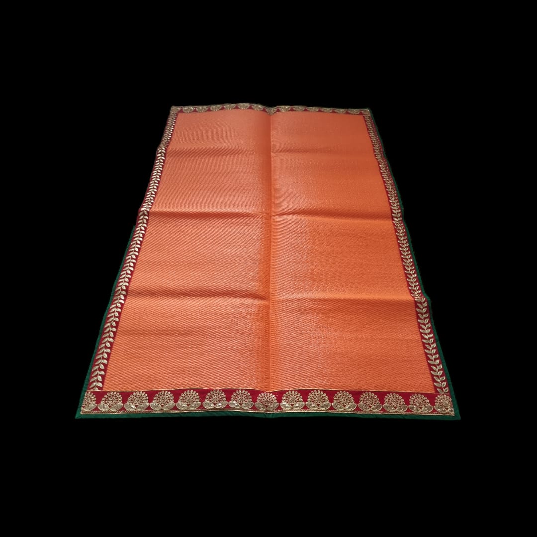 Orange Nylon Handmade Chatai/Mat with Green, Red & Golden sequins work on the Trim/Lace 72x48 (in inch)