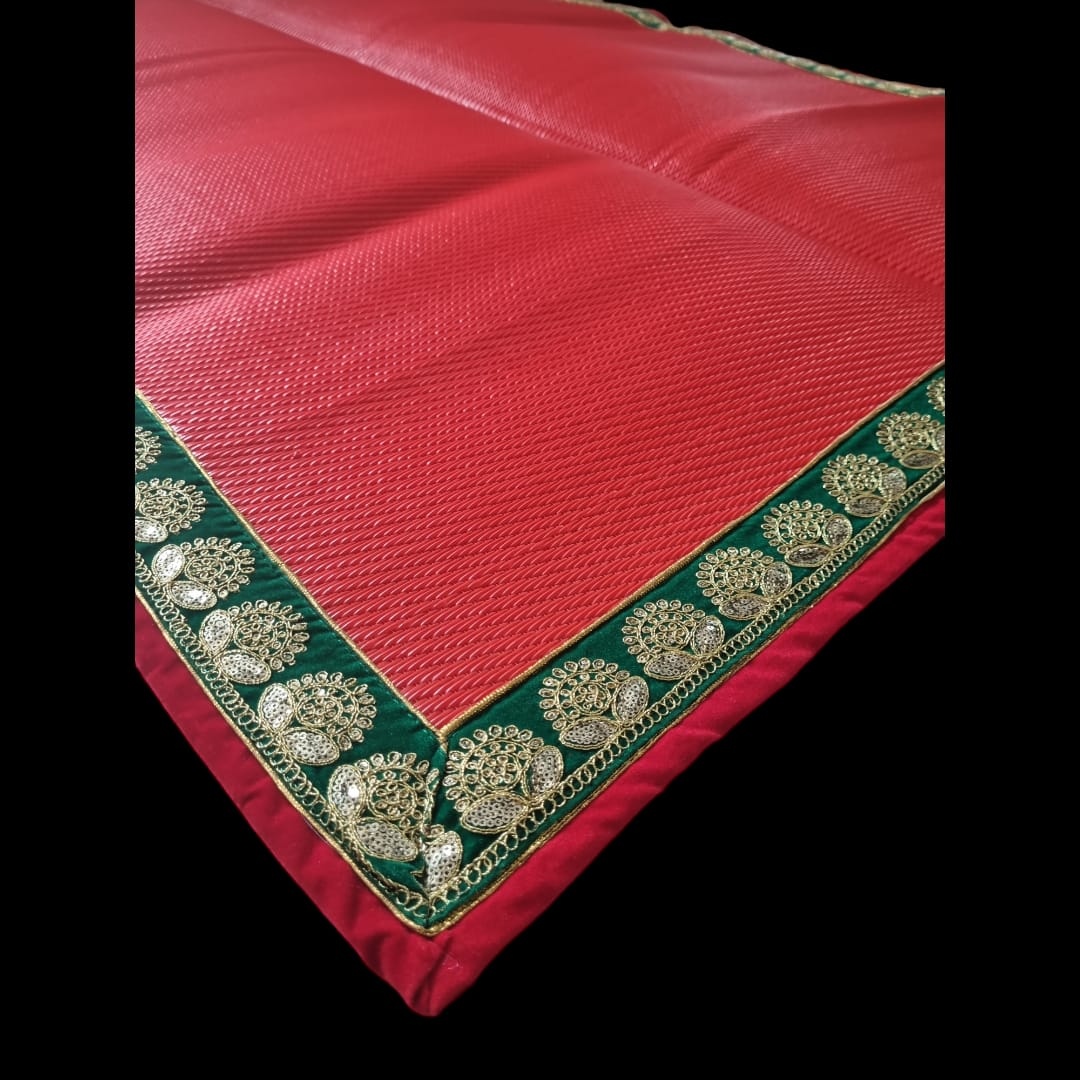 Red Nylon Handmade Chatai/Mat with Red, Green & Golden sequins work on the Trim/Lace 72x48 (in inch)