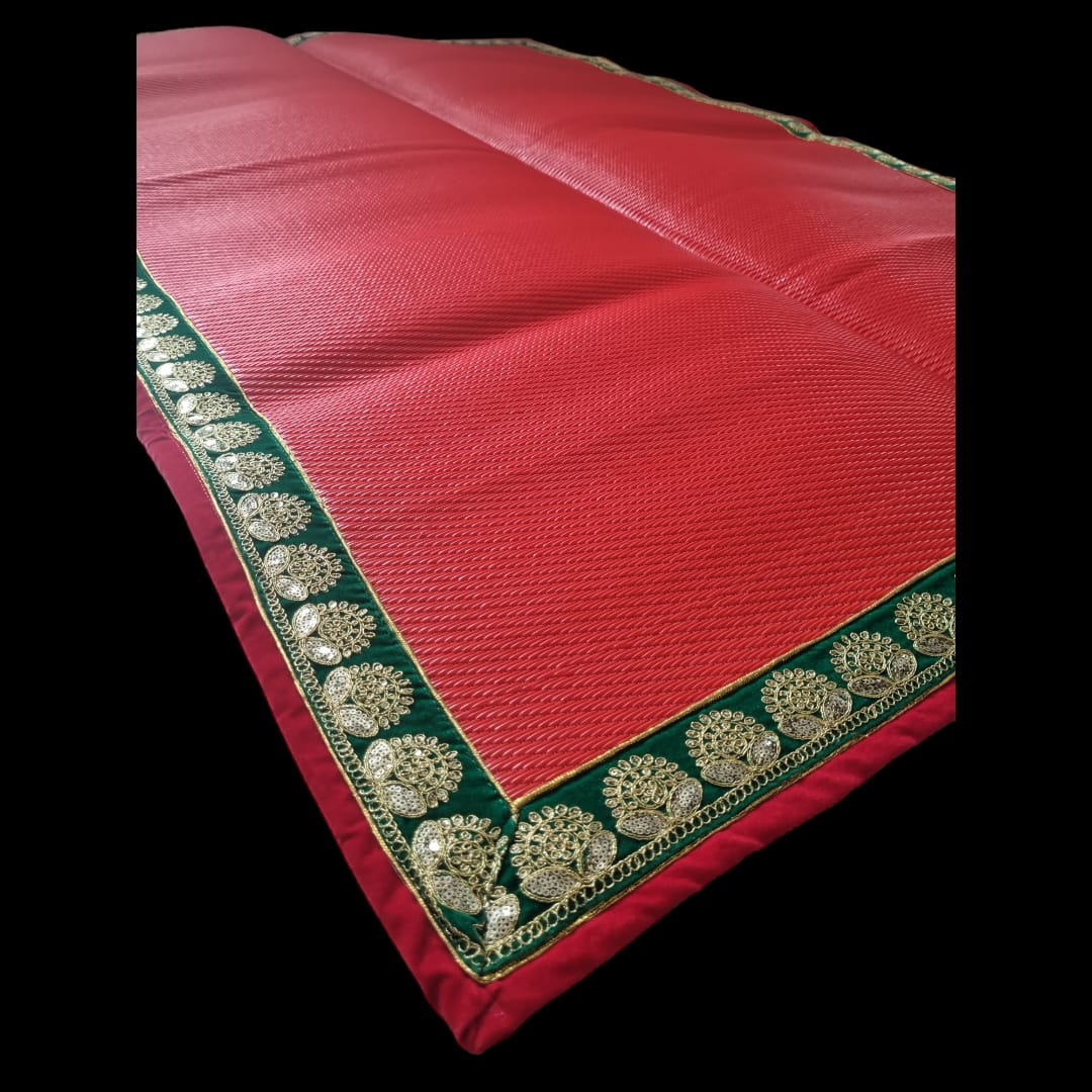 Red Nylon Handmade Chatai/Mat with Red, Green & Golden sequins work on the Trim/Lace 72x48 (in inch)