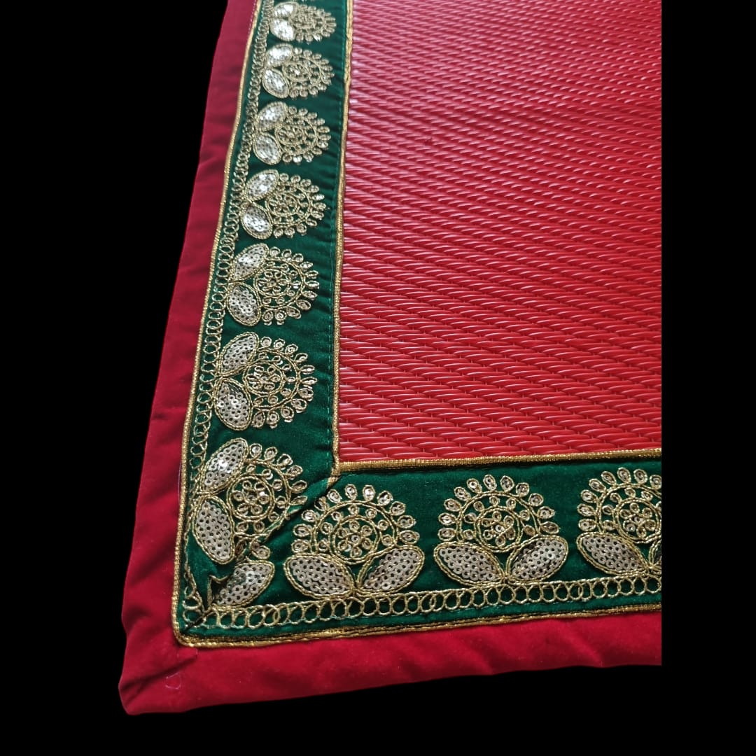 Red Nylon Handmade Chatai/Mat with Red, Green & Golden sequins work on the Trim/Lace 72x48 (in inch)